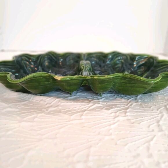 Vintage MCM  Cali Pottery Divided Leaf Dish CALIF. USA 30 Green Drip Glaze - Picture 7 of 13